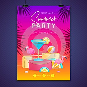 Summer disco party poster with 3d stage and blue lagoon cocktail. Colorful summer beach scene.