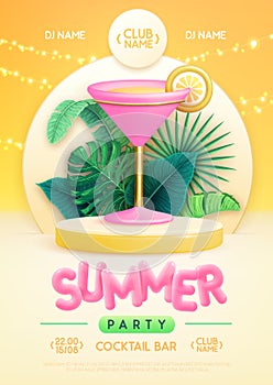Summer disco party poster with 3d stage, tropic leaves and cosmopolitan cocktail. Colorful summer beach scene.