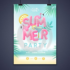 Summer disco party poster with 3d text and blue lagoon cocktail. Colorful summer beach scene.