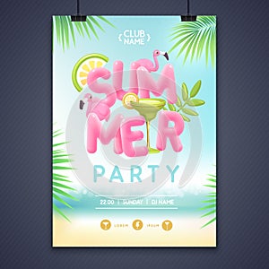 Summer disco party poster with 3d text and margarita cocktail. Colorful summer beach scene.