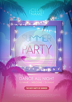 Summer disco party poster with tropic leaves and string of lights. Summer background.