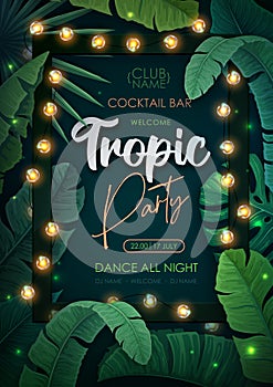 Summer disco party poster with tropic leaves and string of lights. Summer background.