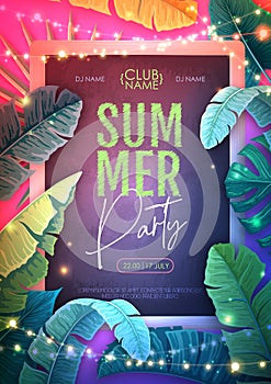 Summer disco party poster with tropic leaves and string of lights. Summer background.