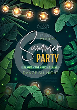 Summer disco party poster with tropic leaves and string of lights. Summer background.