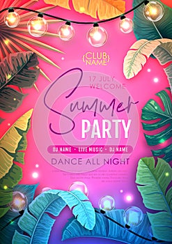 Summer disco party poster with tropic leaves and string of lights. Summer background.