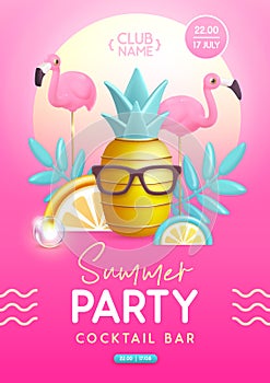 Summer disco party typography poster with 3D plastic pineapple, flamingo and tropic fruits.