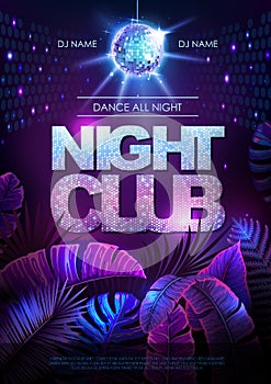 Summer disco party typography poster with fluorescent tropic leaves. Nature concept. Summer background.