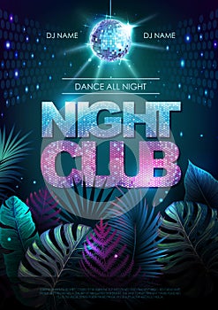 Summer disco party typography poster with fluorescent tropic leaves. Nature concept. Summer background.