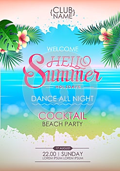 Summer disco poster cocktail beach party. Lettering poster hello