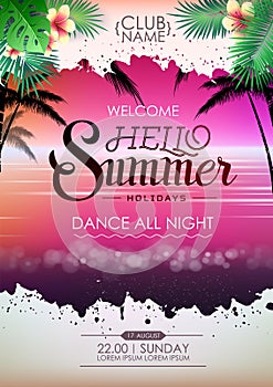 Summer disco poster cocktail beach party. Lettering poster hello summer holidays