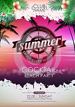 Summer disco poster cocktail beach party. Lettering poster summer vacation, enjoy enery moment