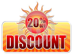 Summer discount and 20 percentages off in label with sun