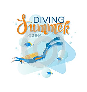 SUMMER DIVING. Girl scuba diver and tropical fish.