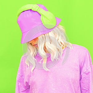 Summer Dj Girl in stylish headphones and bucket hats. Minimal monochrome colours design trends