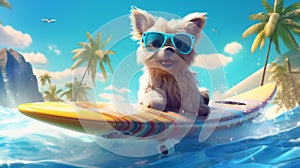 summer dog animal wave ocean surfer vacation puppy beach funny. Generative AI.