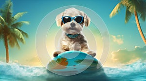 summer dog wave surfer puppy vacation ocean animal funny beach. Generative AI.