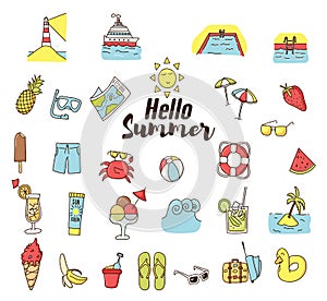 Summer doodle cartoon icons. Vector hand drawn icons. Vacations, traveling, beach holidays and summer food elements