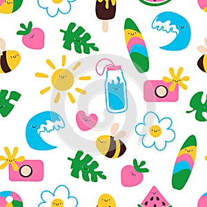 Summer doodle characters seamless pattern vector illustration