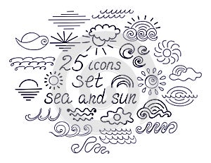 Summer doodle logo sea and sun. Wave ocean hand drawn elements isolated on white. Cartoon simple clouds icons.