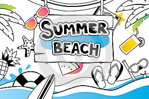 Summer doodle symbol and objects icon design for beach party background. Invitation hand drawn style. Use for labels, stickers, b