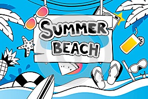 Summer doodle symbol and objects icon design for beach party background. Invitation hand drawn style. Use for labels, stickers, b