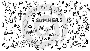 Summer doodles icon set. Hand drawn lines cartoon icons collection. Vector illustration