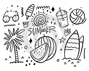 Summer doodles set collection. Palm tree, glasses, surf access, drink, ball, ice cream and sun. Black color vector