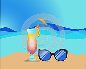 Summer dream vacation illustration with sunglasses , cocktail against sea background