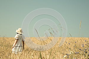 Summer dreams. Girl walking in a field of wheat with blue sky re