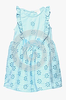 Summer dress isolated. Closeup of a beautiful light blue sleeveless baby girl dress isolated on a white background. Clipping path