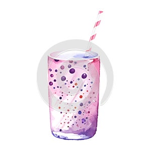 Summer drink cocktail soda with bubbles and straw, watercolor vector