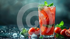 a summer drink idea featuring tomato juice poured over ice with mint leaves in a tall glass for a refreshing taste