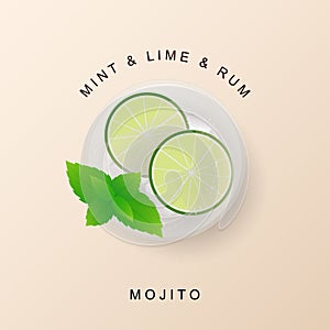 Summer drink mojito with lime and mint. Top view.