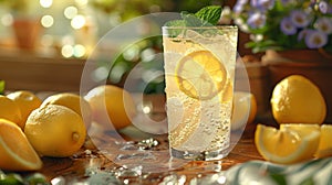 summer drink recipe, a cool glass of fresh homemade lemonade sitting on a rustic wooden table, ideal for beating the