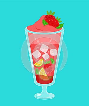 Summer drink with Strawberry and Lemon Ice Vector Illustration