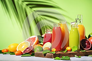 Summer drinks. Citrus fruit juices, fresh and smoothies, food background. Mix of different whole and cut fruits: orange,