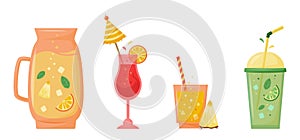 Summer drinks, lemonade, cocktail, juice, smoothies in cartoon style for beach party, cafe or bar menu. Set of stickers, patches,