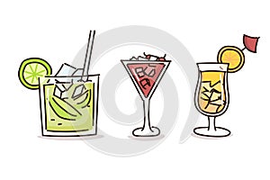 Summer drinks in trendy doodle hand drawn style. Vector illustrations with fresh cocktail drinks