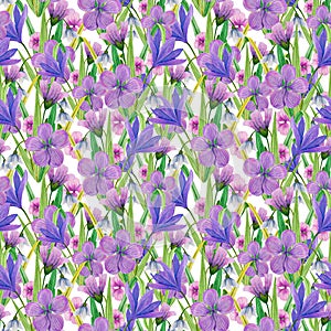 Summer, easter, birthday, spring, wedding seamless pattern with flowers crocus, snowdrops,skiff and leaves.