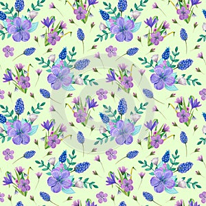 Summer, easter, birthday, spring, wedding seamless pattern with flowers crocus, snowdrops,skiff and leaves. photo