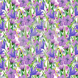 Summer, easter, birthday, spring, wedding seamless pattern with flowers crocus, snowdrops,skiff and leaves. photo