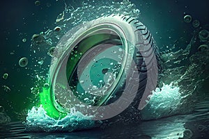 Summer eco tire on a neon green background with water splash art. It's an auto component designed for eco-friendly photo