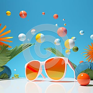 Summer elements abstract composition with sunbursts, beach balls, and sunglasses photo