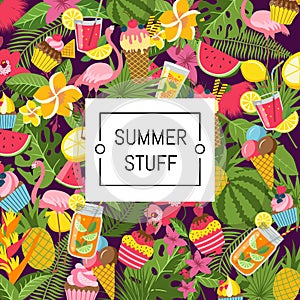 Summer elements, cocktails, flamingo, palm leaves background