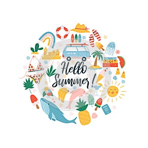 Summer elements set in circle. Colorful vector illustration.