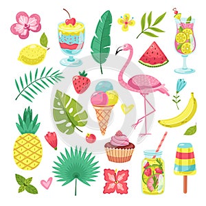 Summer elements. Tropical vacation photo booth props. Flamingo, ice cream and pineapple, leaves and cocktail, flower and