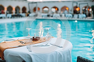 Summer empty open air luxury restaraunt at exotic hotel