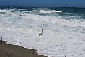 Summer end sea storm on the beach