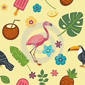Summer endless texture with exotic birds and tropical plants