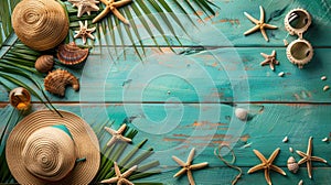 Summer Essentials: Beach Accessories on Green Blue Plank - Perfect for Your Vacation Banner